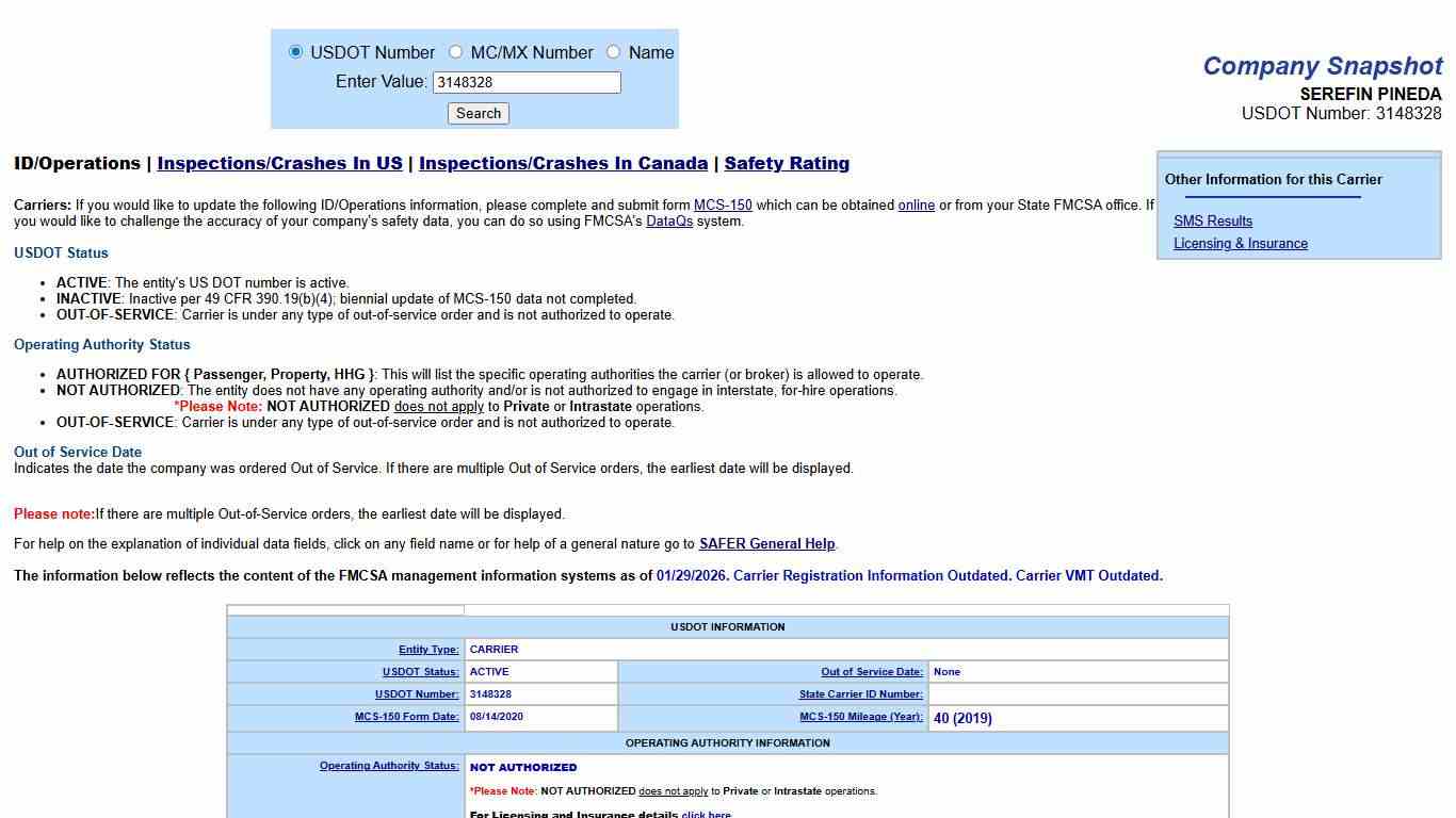 SAFER Web - Company Snapshot SEREFIN PINEDA